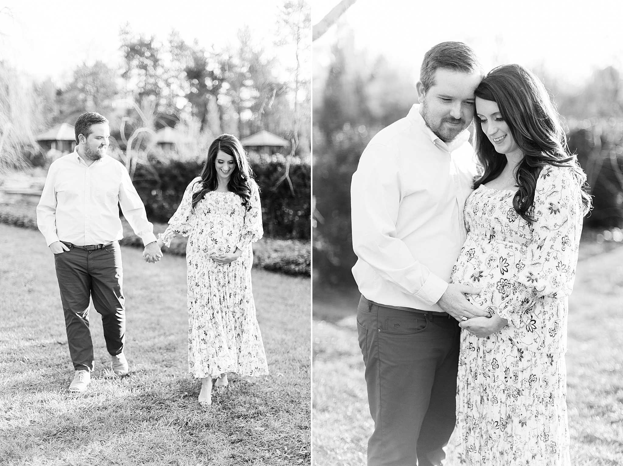 married couple looks down at mom's belly during Reynolda Village maternity session