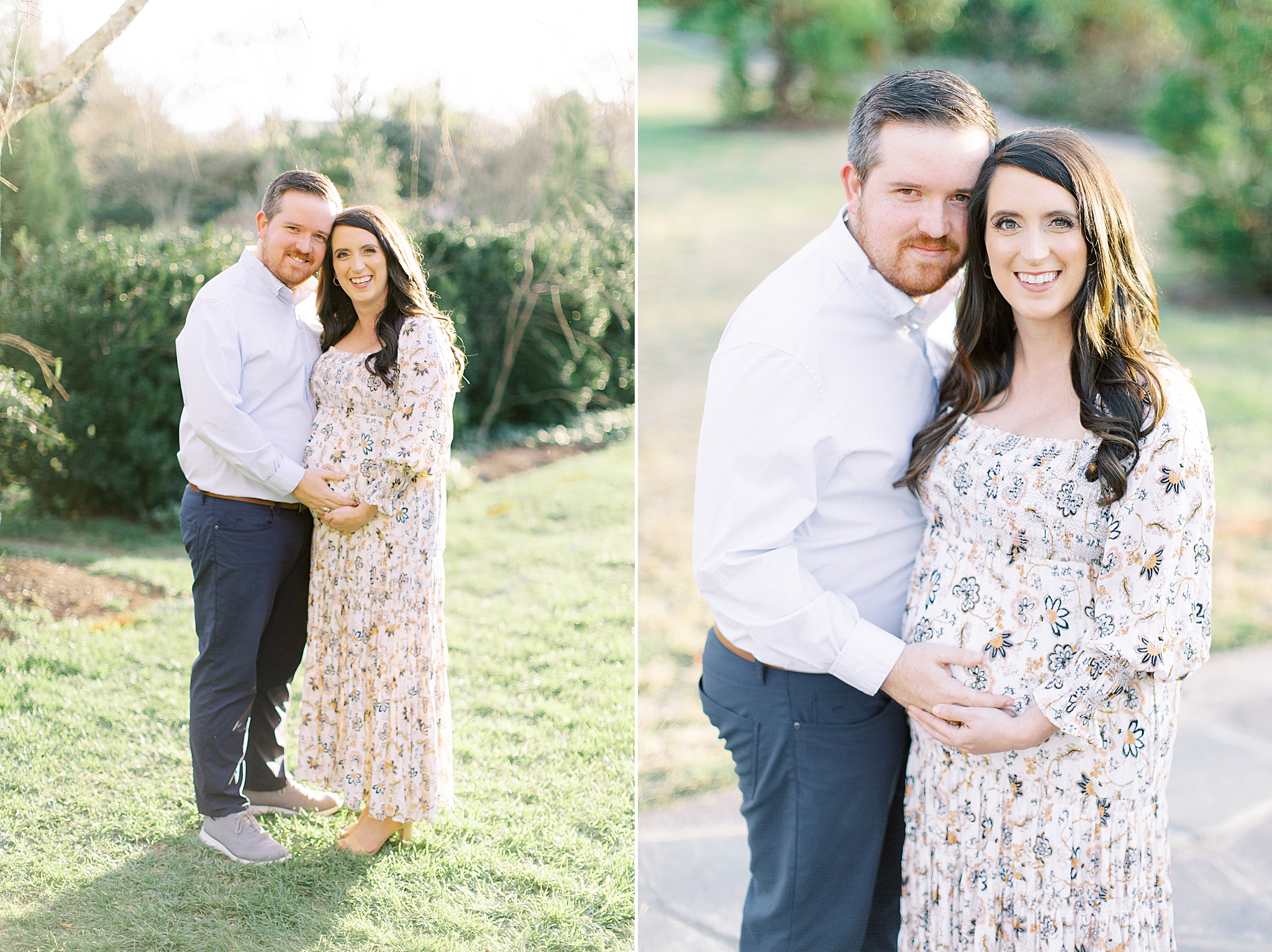 mom in boho maternity gown poses with husband in Reynolda Village