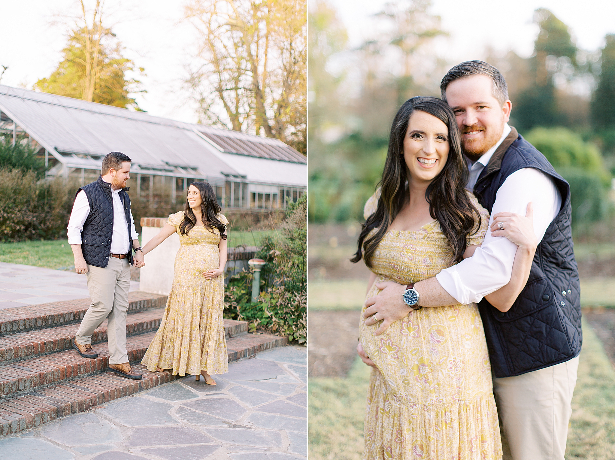 mom in yellow gown walks down steps at Reynolda Village during maternity photos