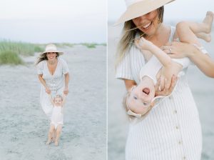 mom plays with toddler during Sullivans Island family session