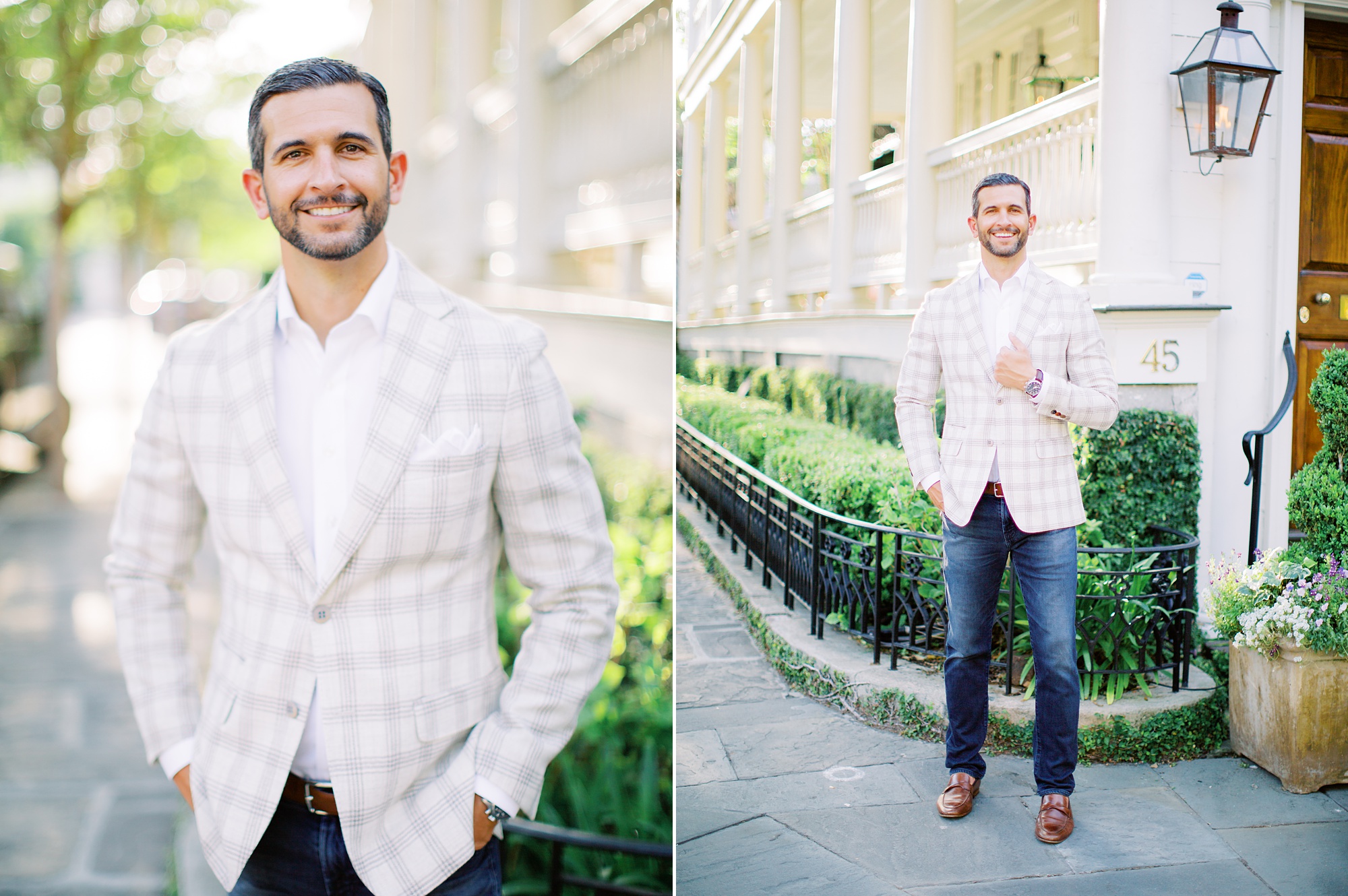 groom in plaid jacket poses by white home in Charleston SC