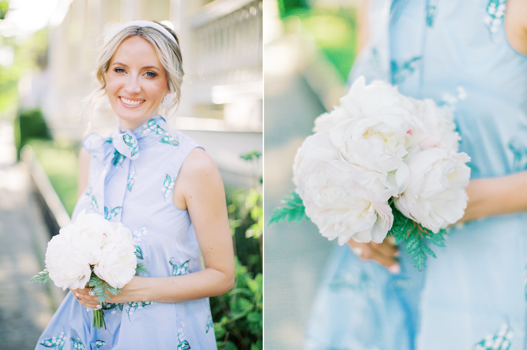 bride in blue dress holds bouquet of white flowers for vow renewal