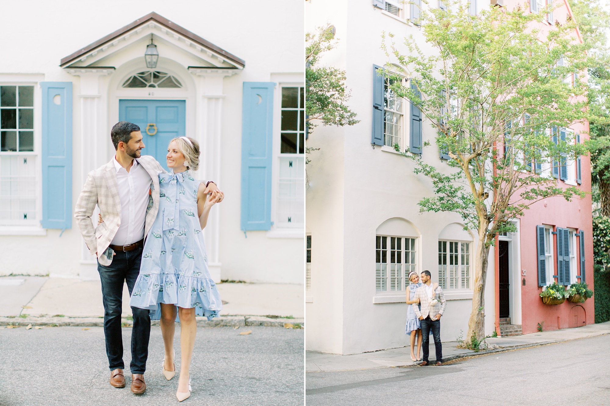 husband and wife walk on Church Street in Charleston SC
