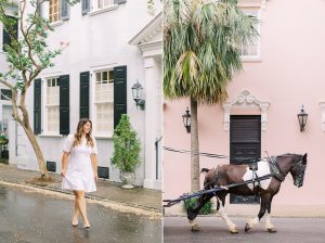 woman walks by pink house in Charleston SC
