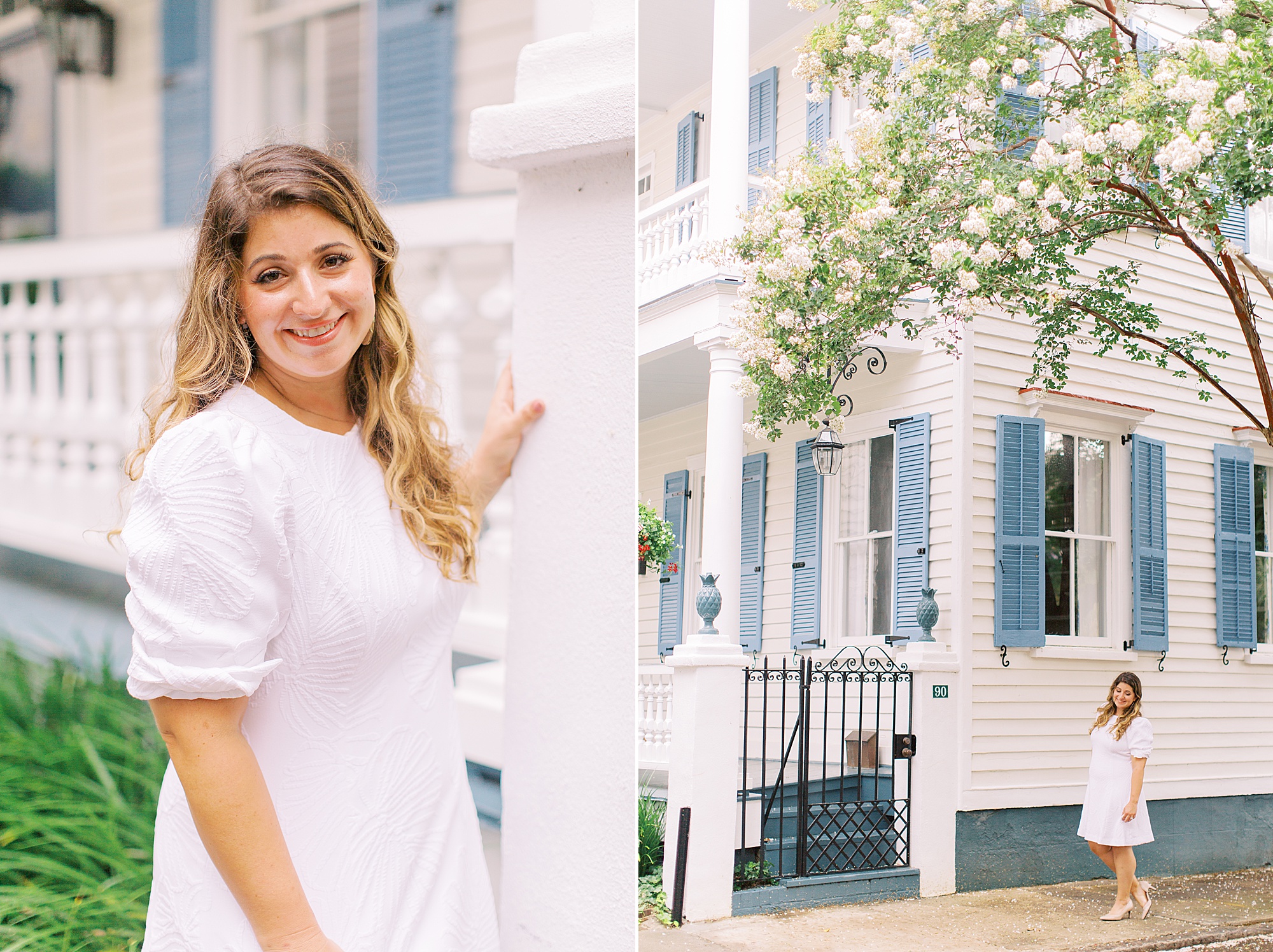 woman poses by blue and white house in Charleston