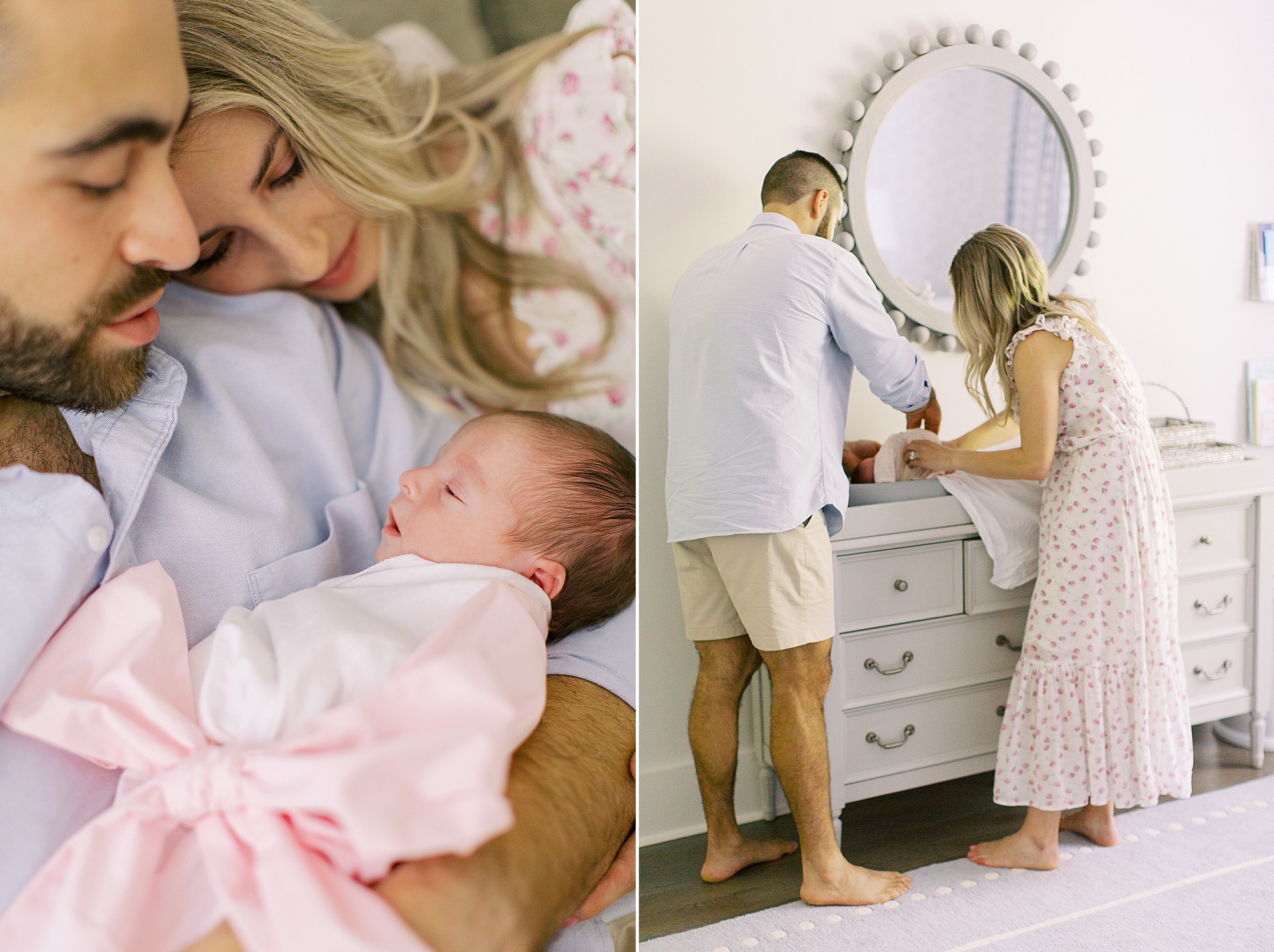 parents change daughter during newborn photos