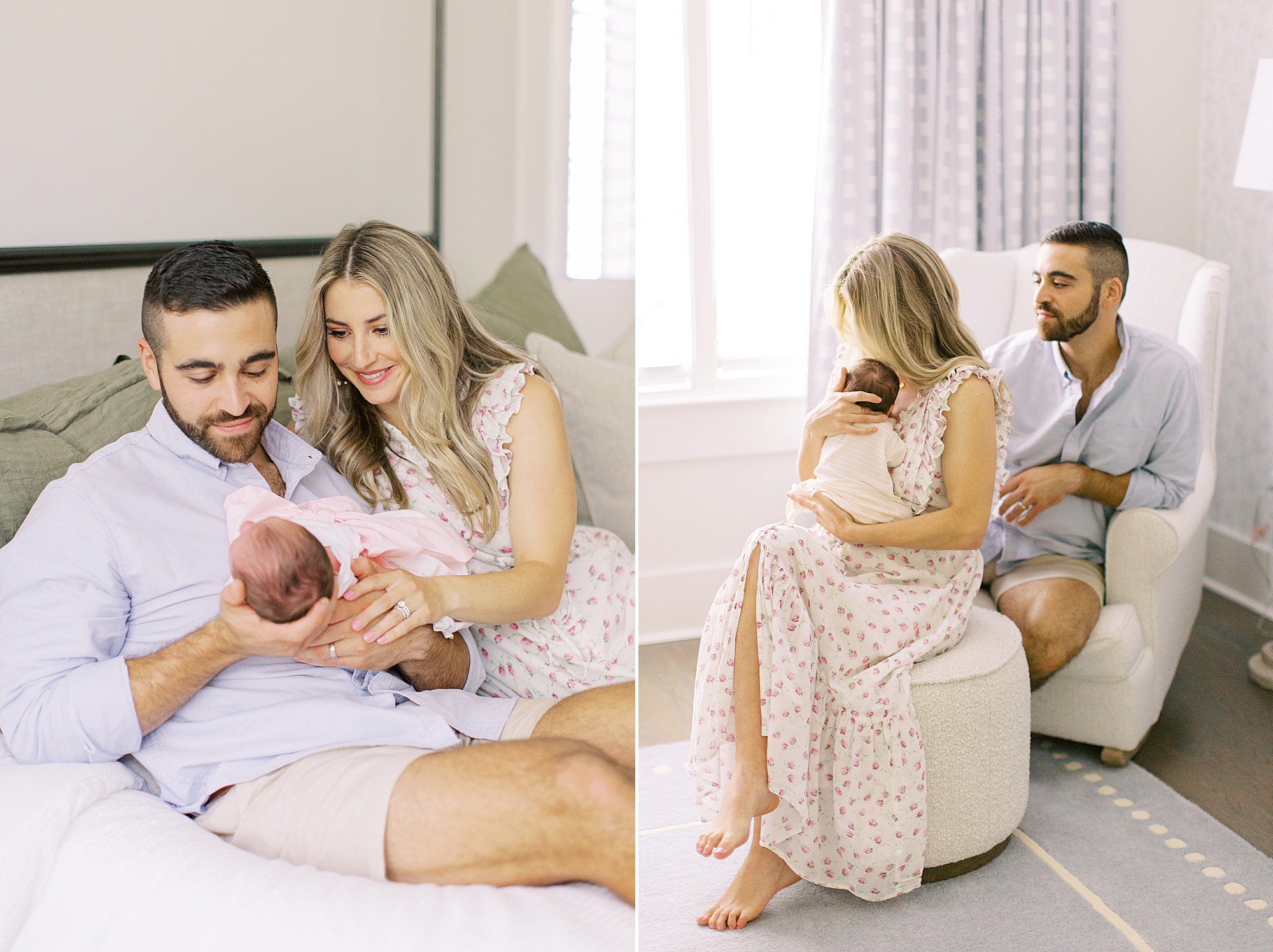 parents sit with daughter during newborn photos in nursery