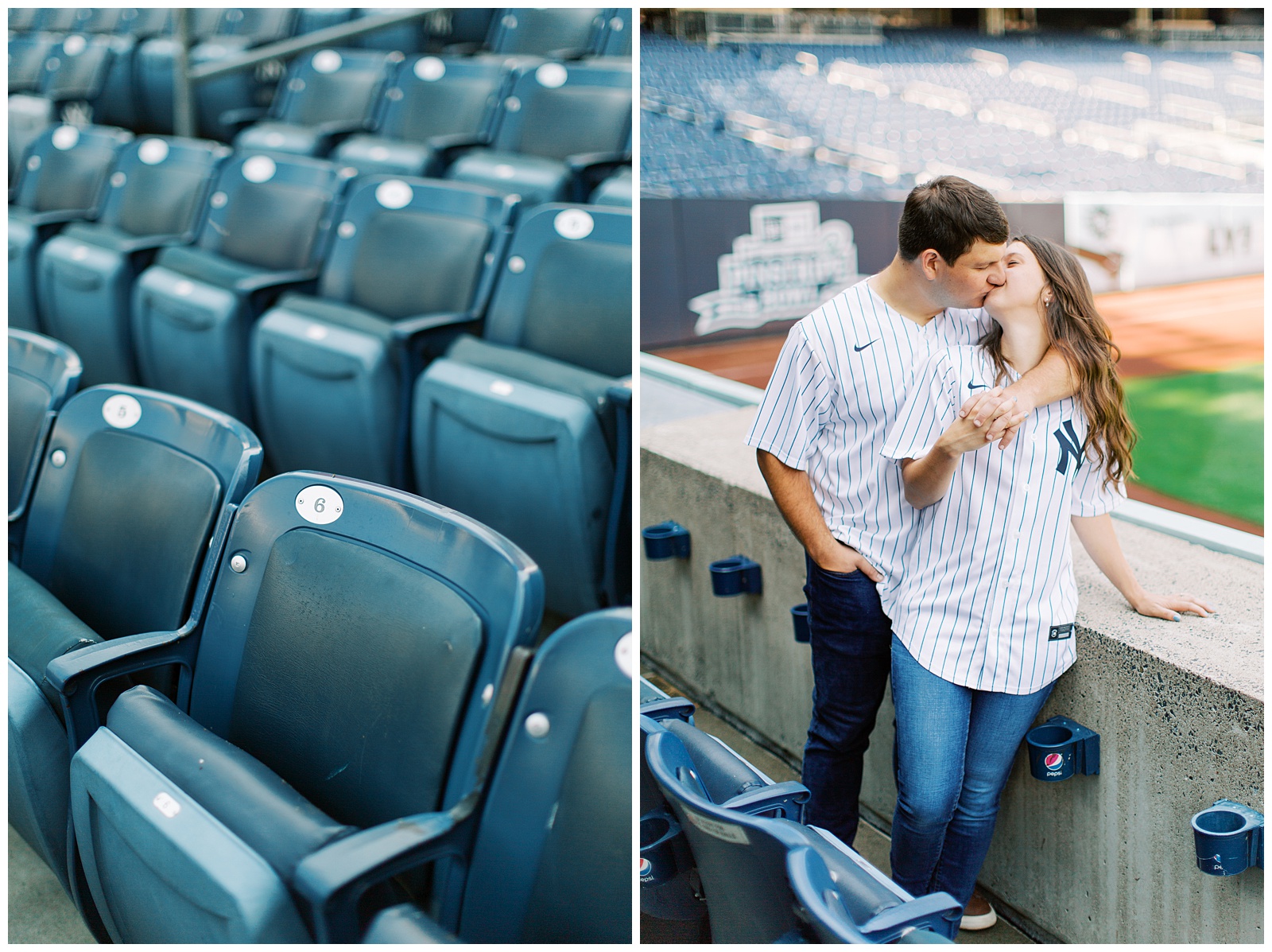 baseball inspired engagement photos for couple in Monument Park 