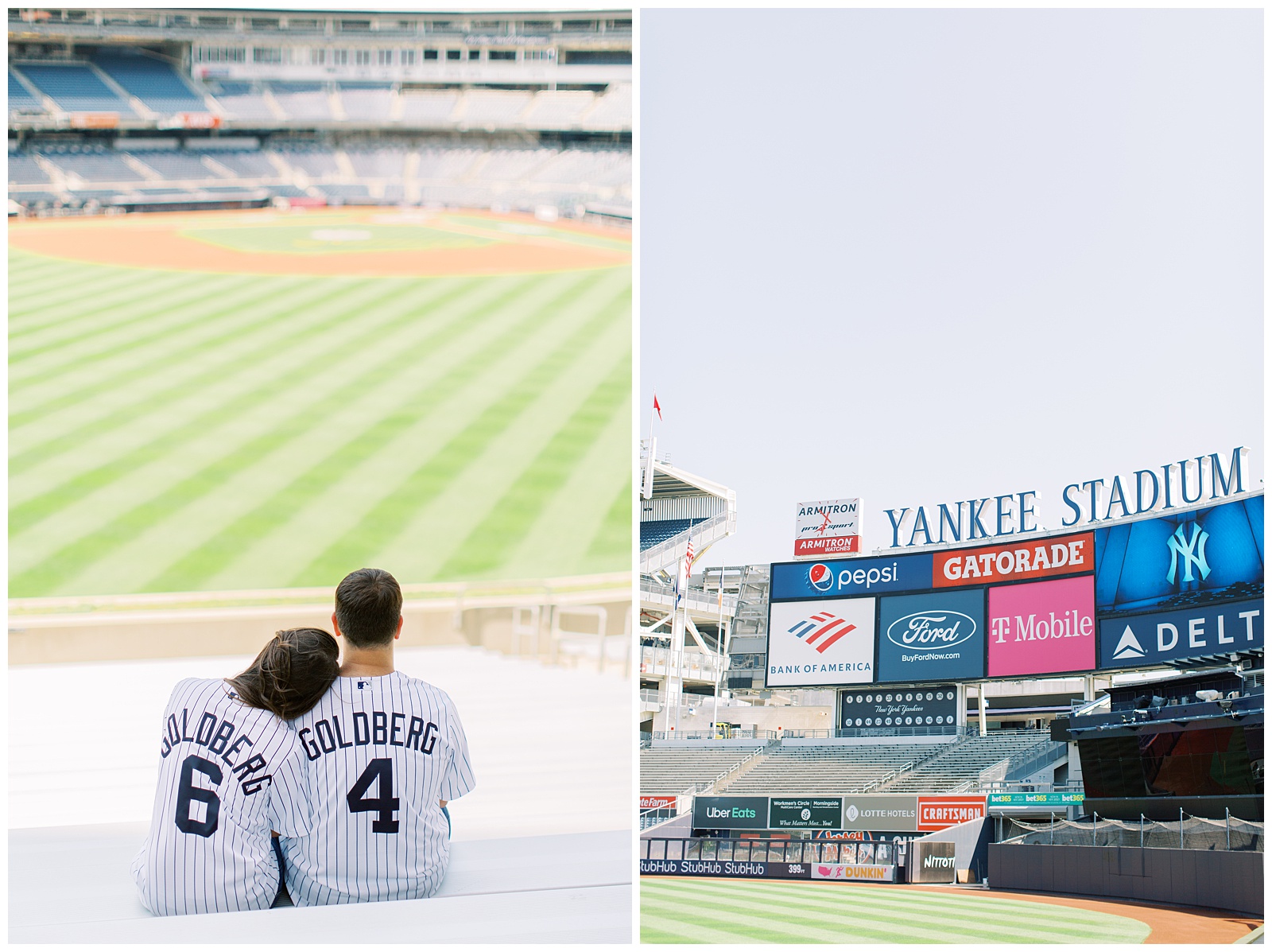 Yankee Stadium Engagement Session for couple in matching jerseys 