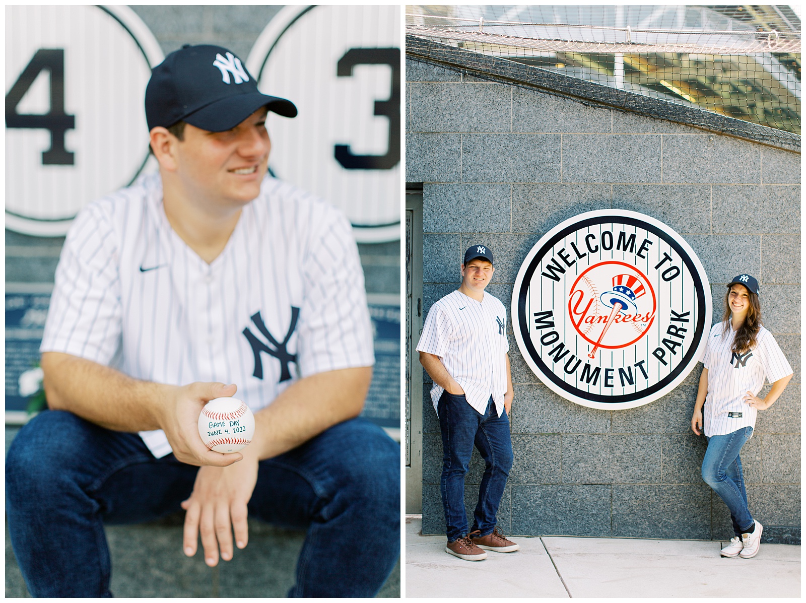 couple poses at Monument Park in the Bronx during Yankee Stadium Engagement Session
