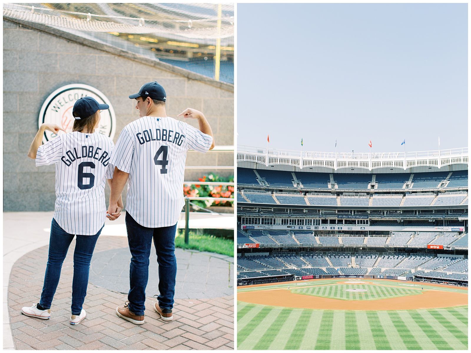 couple poses outside baseball diamond during Yankee Stadium Engagement Session