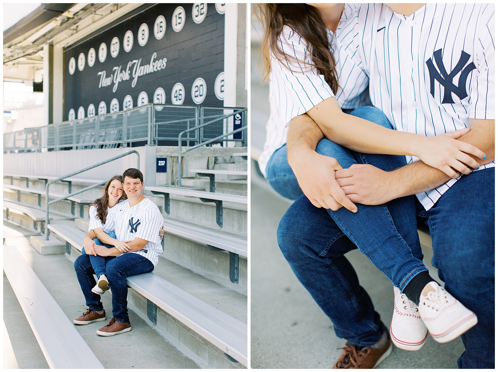 engaged couple sits together on bleachers during Yankee Stadium Engagement Session