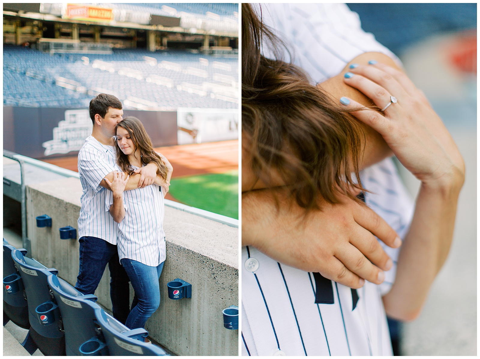 couple hugs in stadium during Yankee Stadium Engagement Session