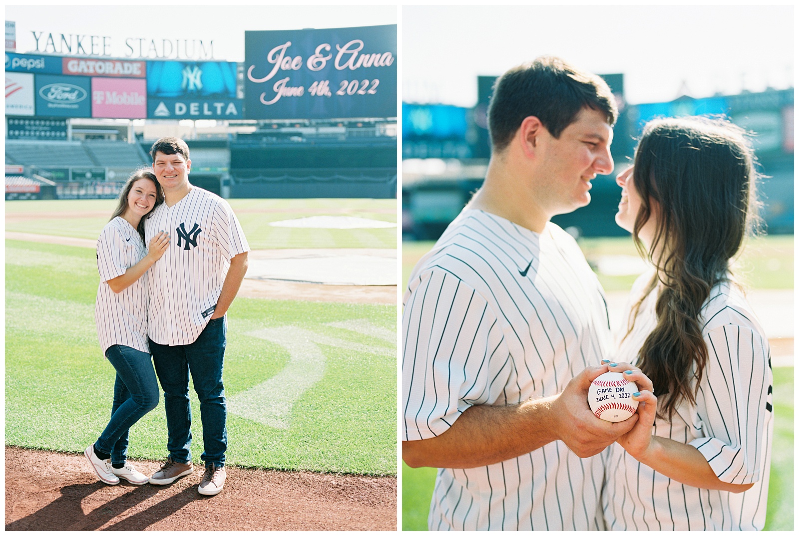 engaged couple stands on baseball field during Yankee Stadium Engagement Session