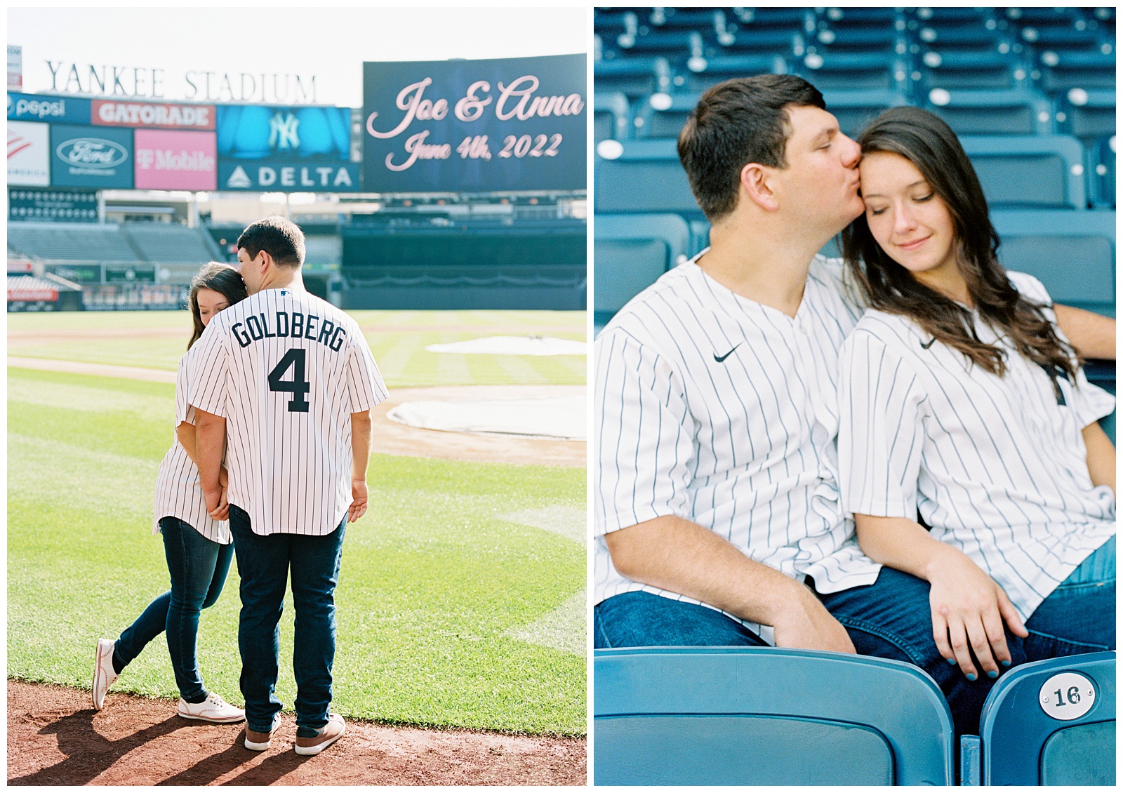 bride and groom pose on field during Yankee Stadium Engagement Session