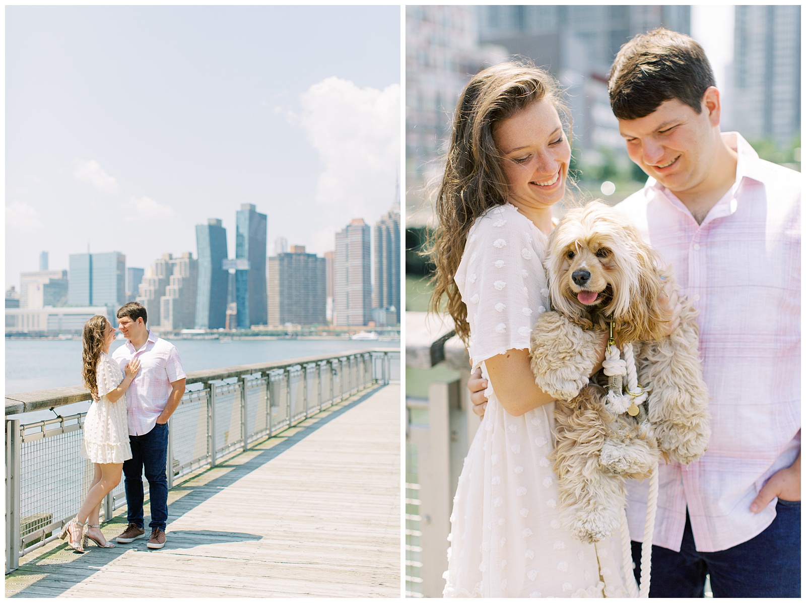 engaged couple stands on pier with Manhattan behind them during NYC engagement photos 