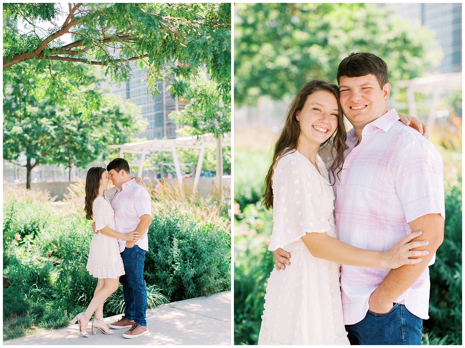 couple poses on walkway in NYC during engagement session 