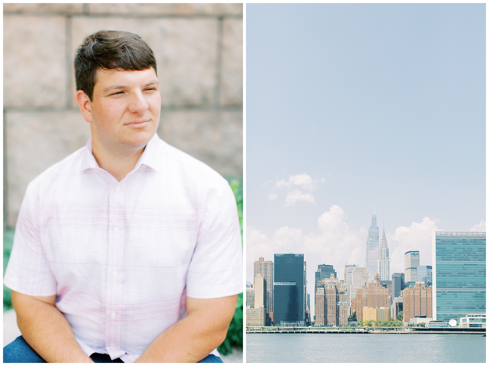 groom sits on bench during New York City engagement photos 