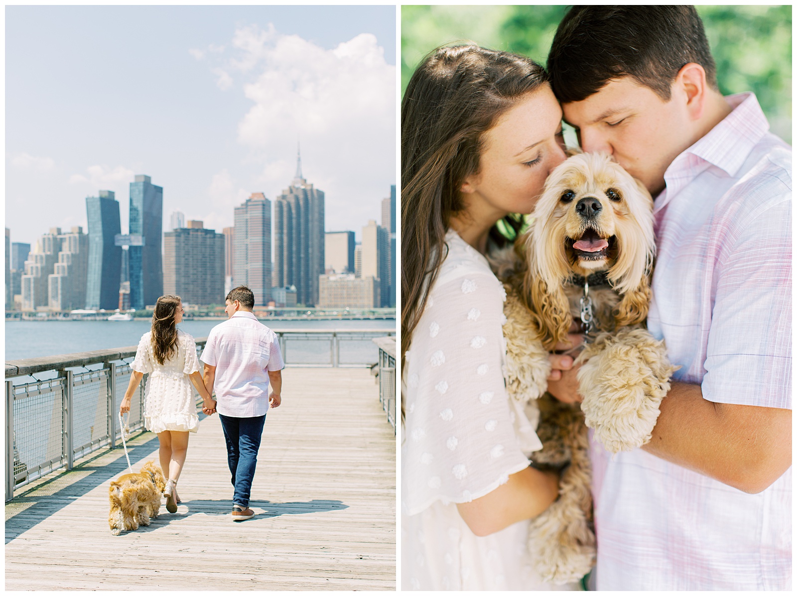 couple walks and poses with dog during NYC engagement photos