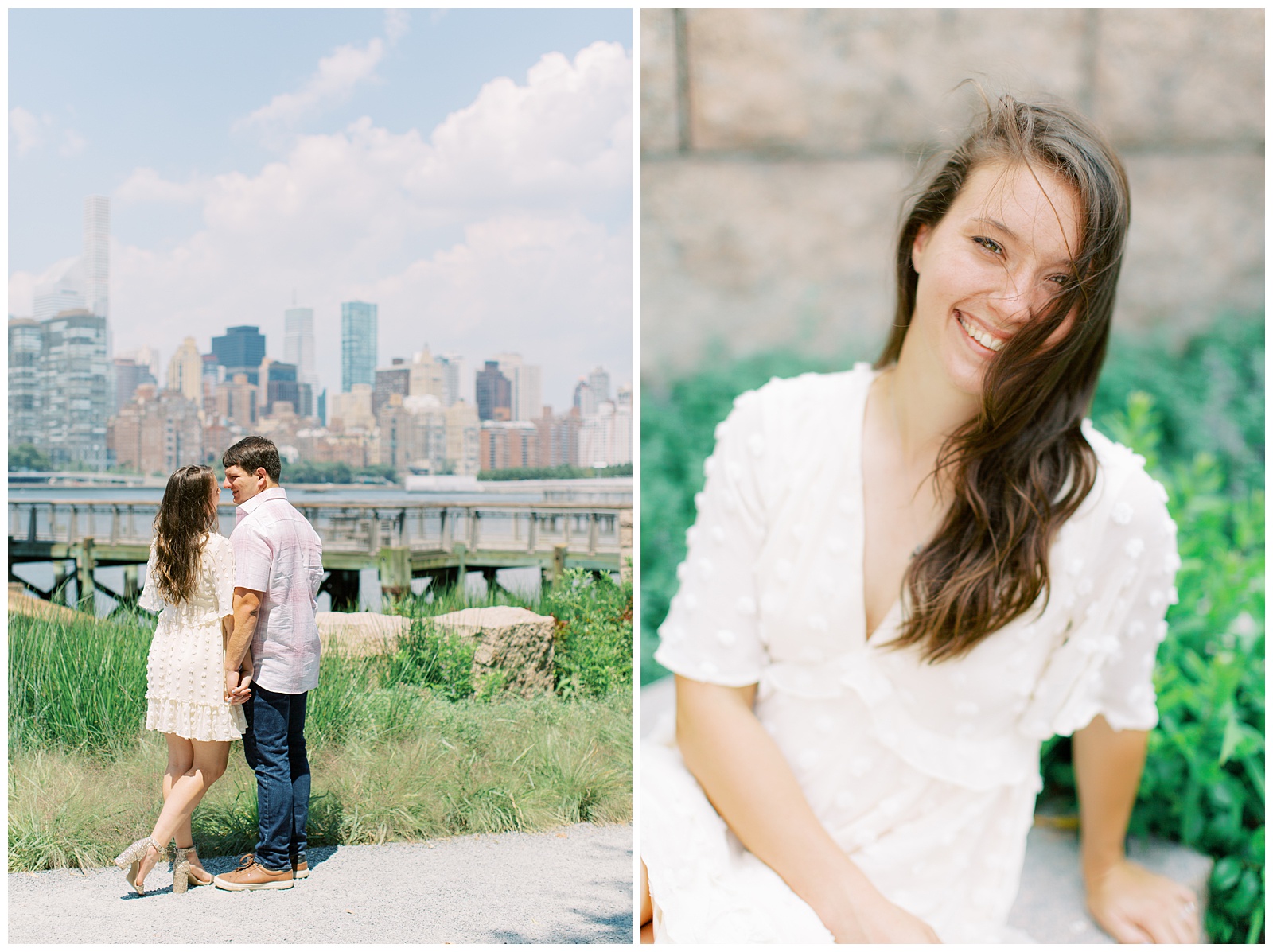 couple poses by New York City skyline during engagement session