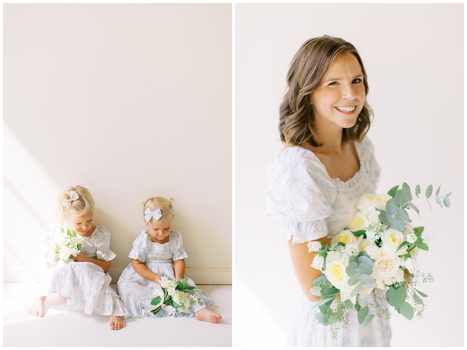 mom holds bouquet of white flowers during branding photos in Charlotte NC