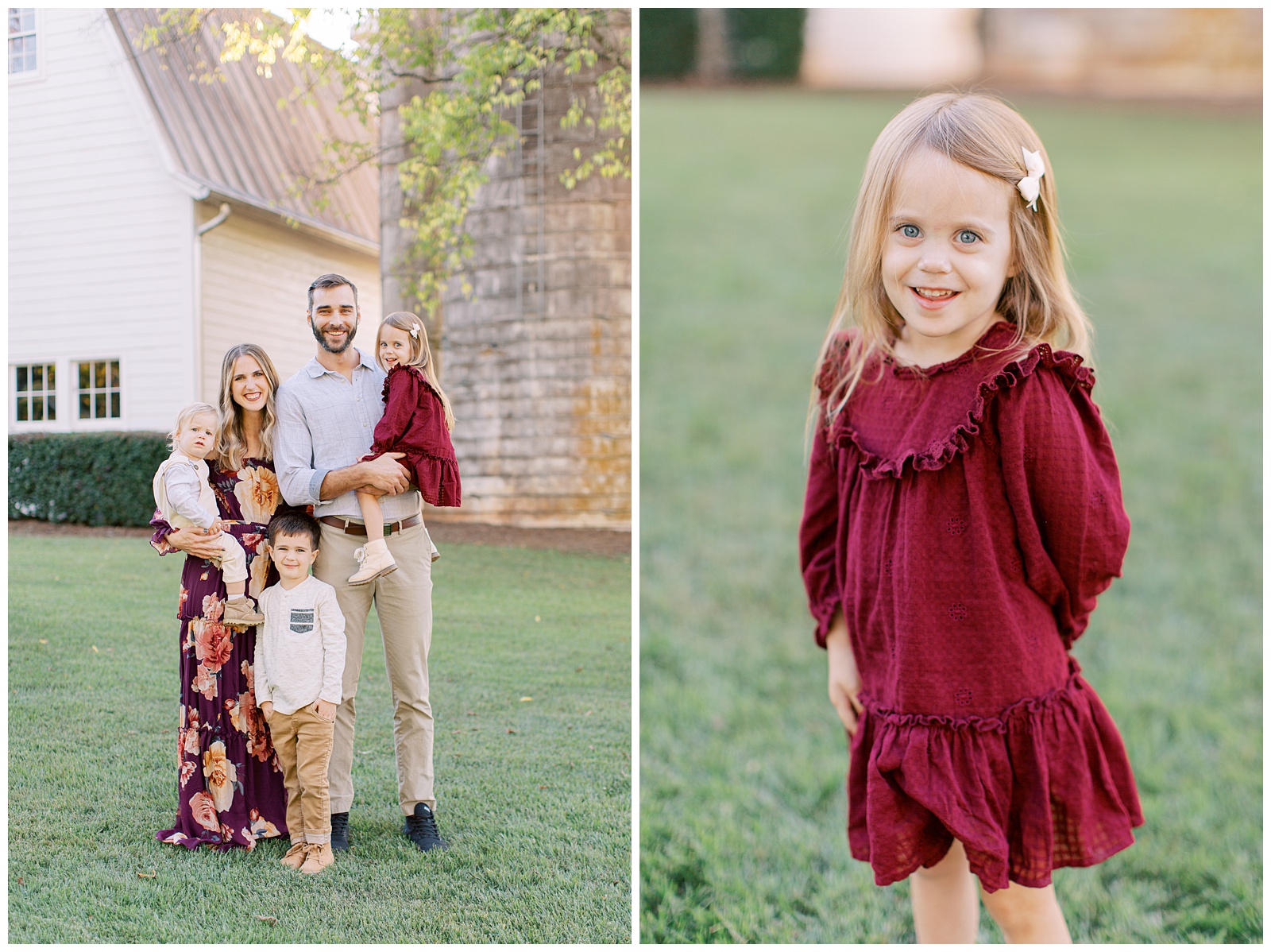 parents hold two toddlers and pose with son during fall family photos 