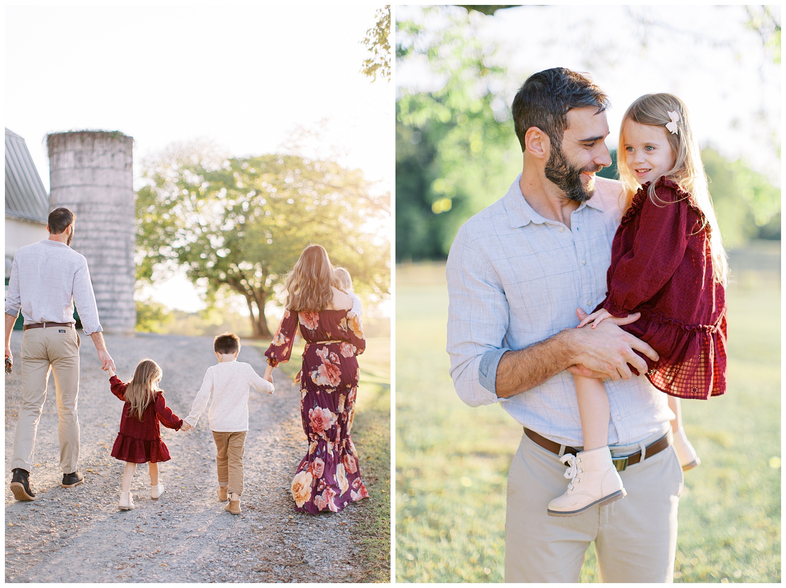 parents hold kids and walk around the Dairy Barn during fall photos 