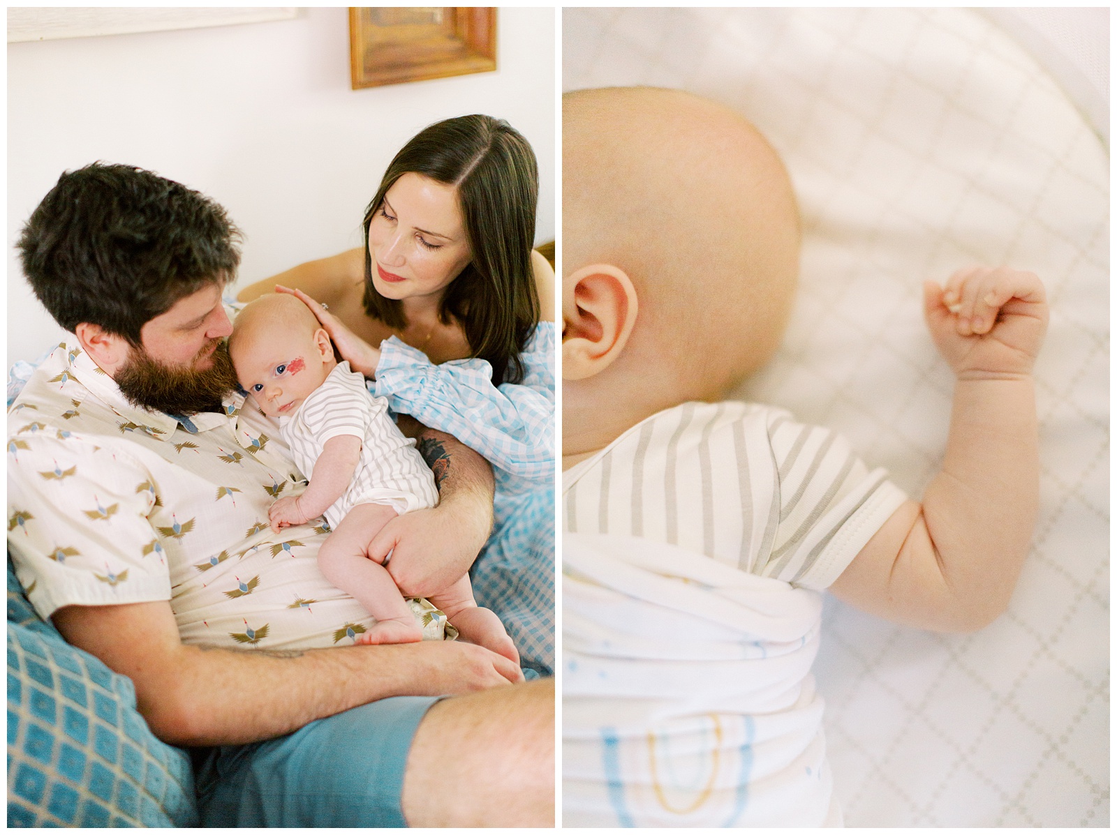 mom and dad look at baby boy during newborn photos at home