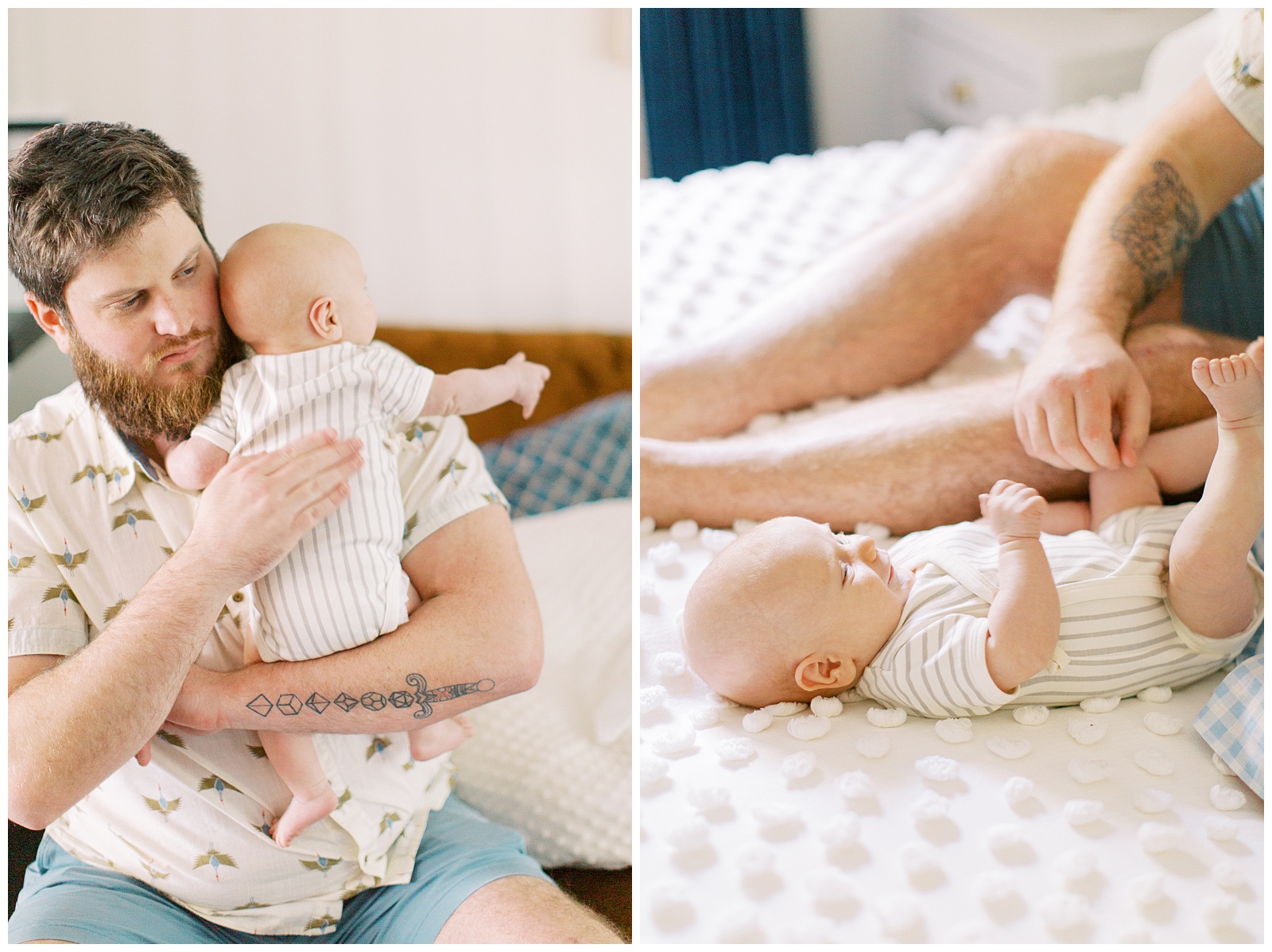 dad holds son on shoulder during newborn photos at home