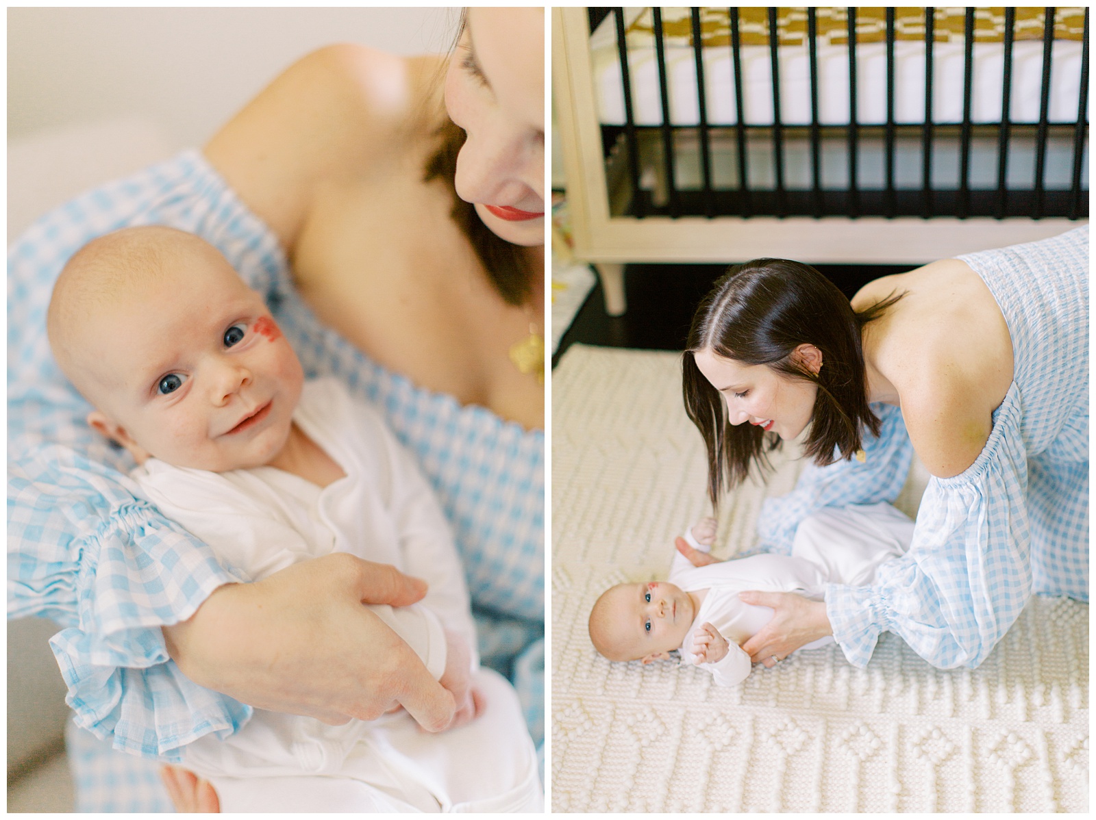 mom plays with son on floor by crib during lifestyle newborn session in Charlotte home