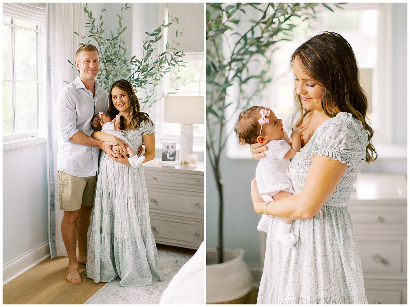 parents hold daughter during Lifestyle Newborn Session in Charlotte master bedroom