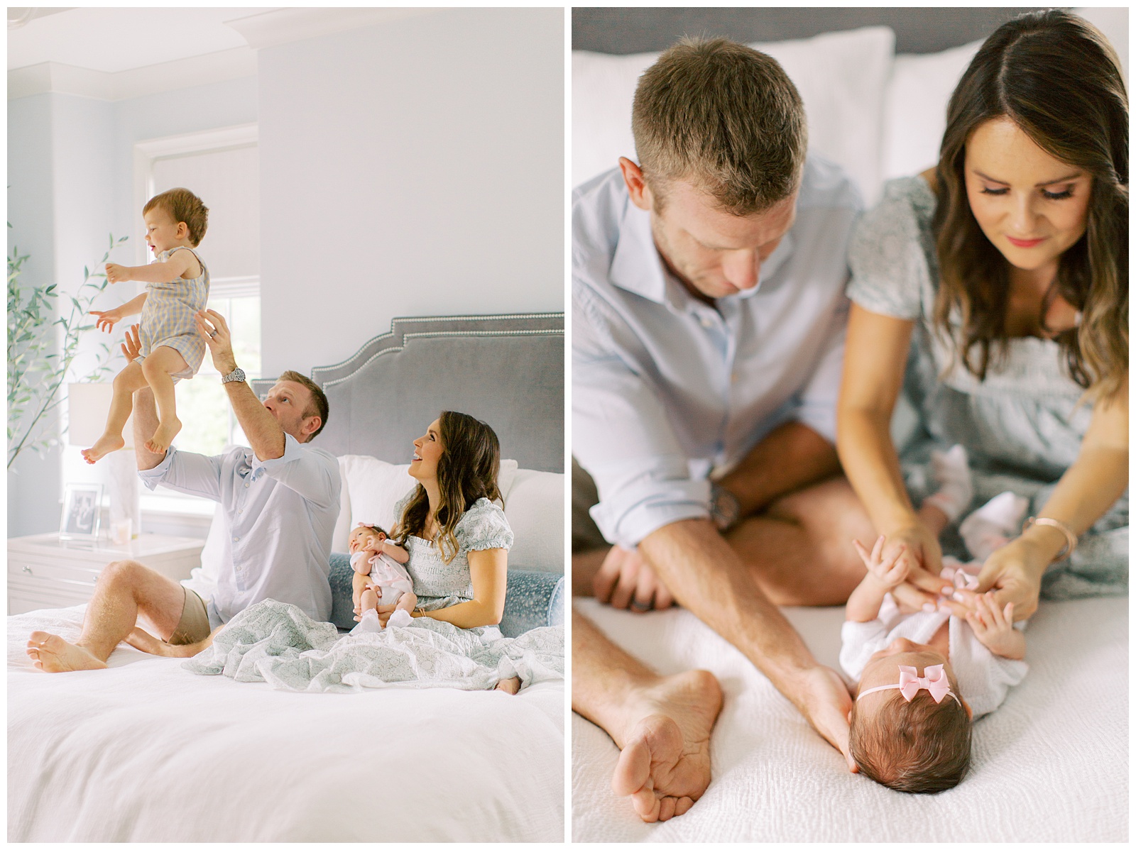 family of four plays on bed during lifestyle photos at home 