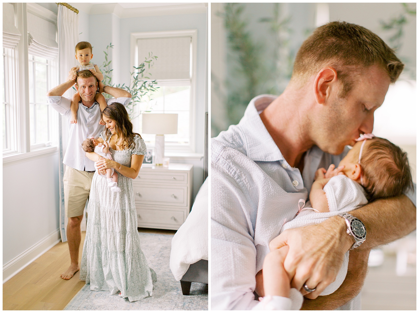 dad kisses daughter during newborn session at home 