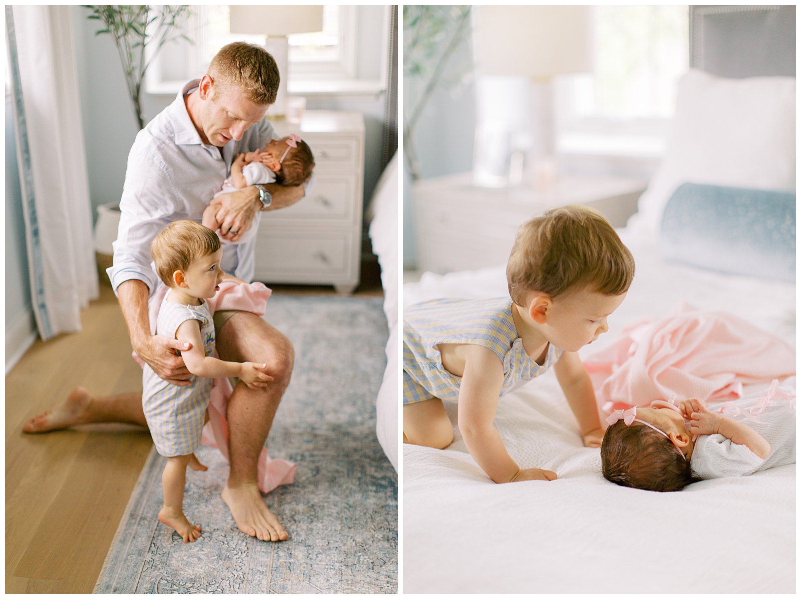 dad holds two kids during newborn photos in Charlotte NC