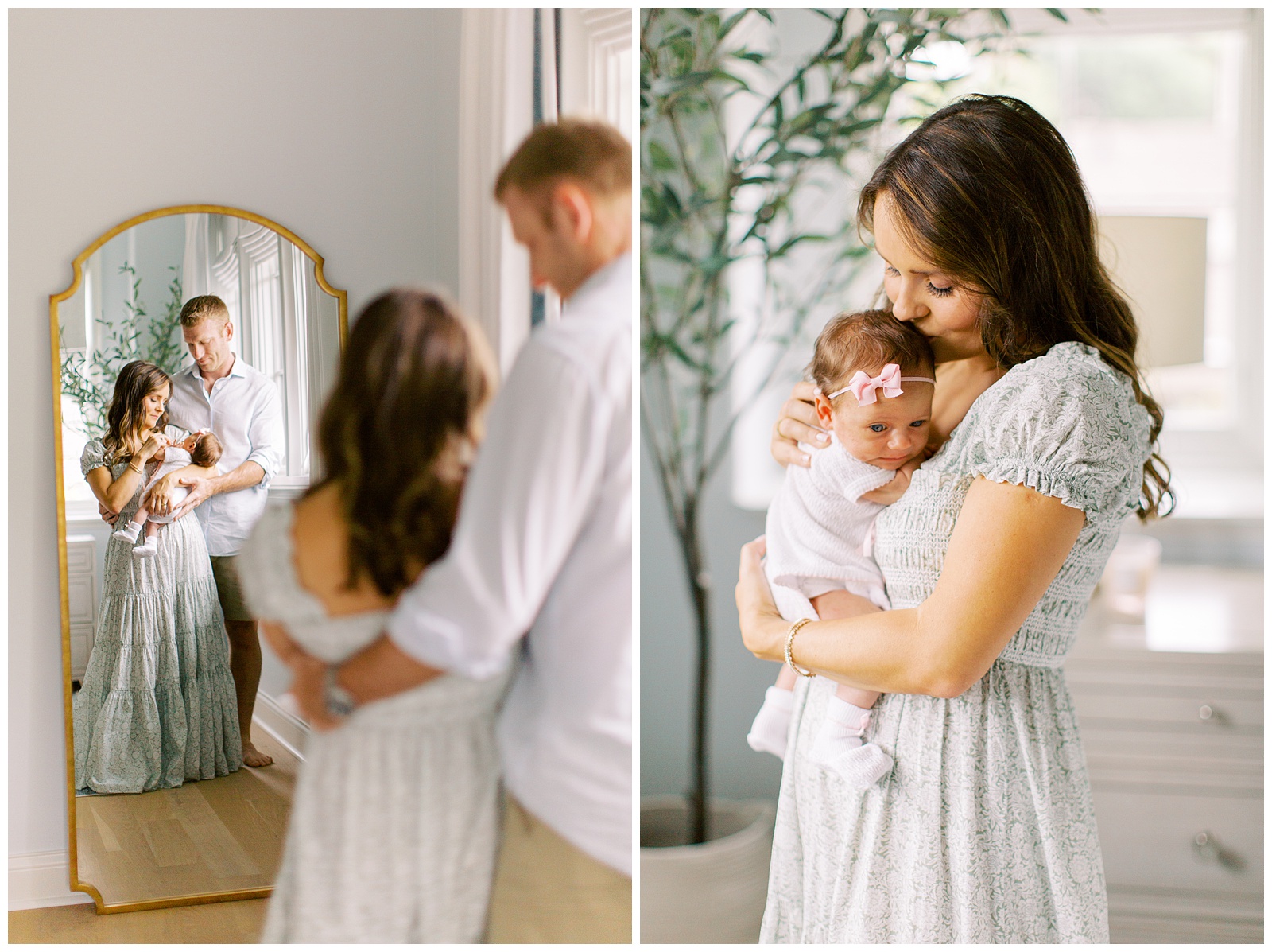 parents old daughter looking in mirror during Lifestyle Newborn Session in Charlotte
