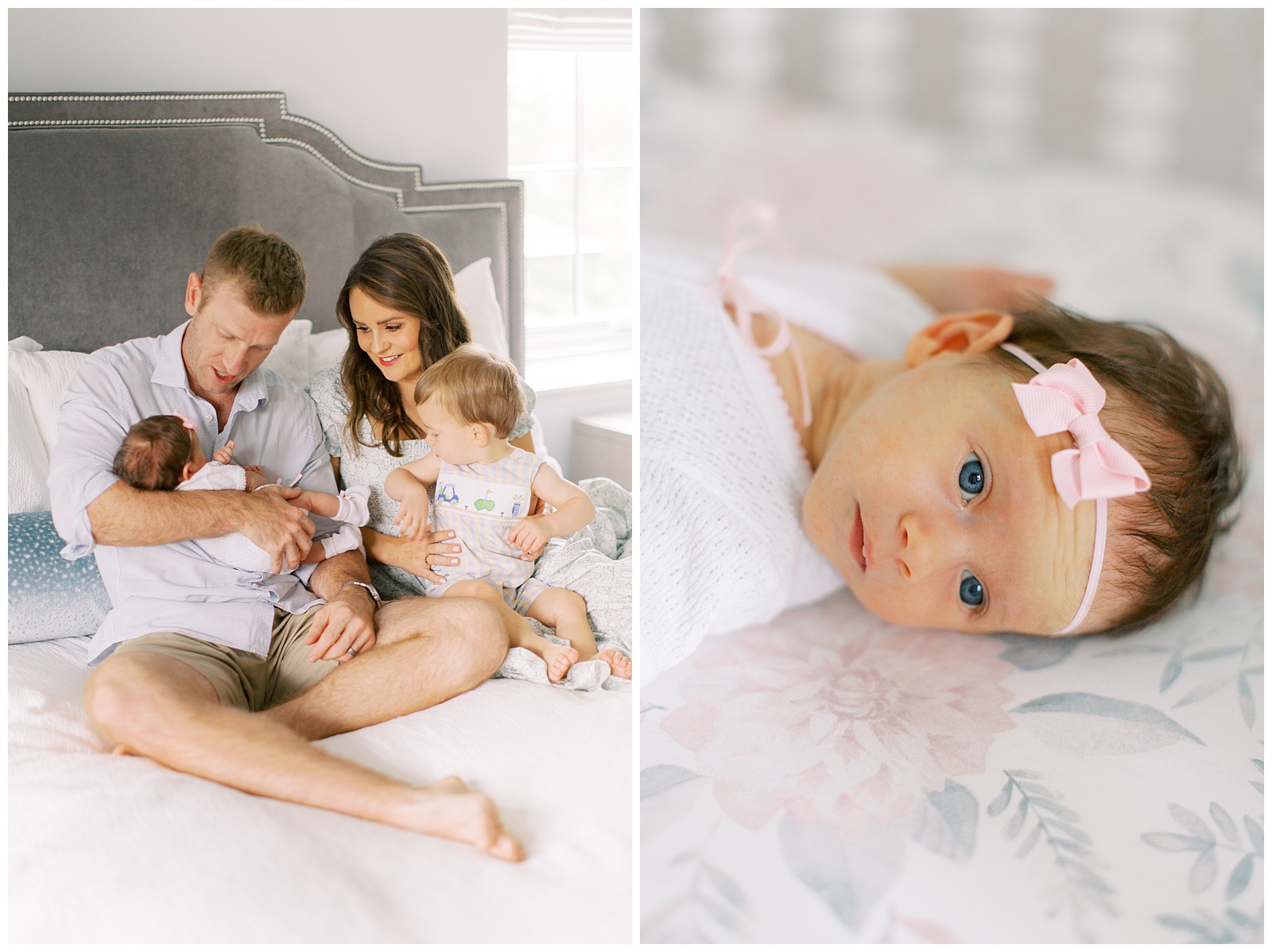 family of four sits on bed during Lifestyle Newborn Session in Charlotte