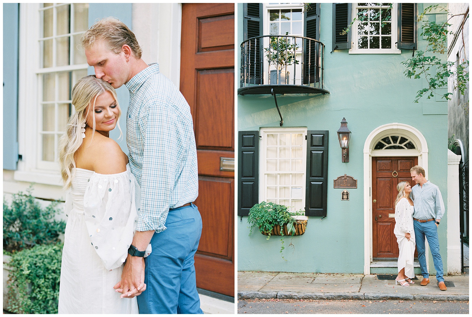 engaged couple hugs by historic homes in Downtown Charleston 