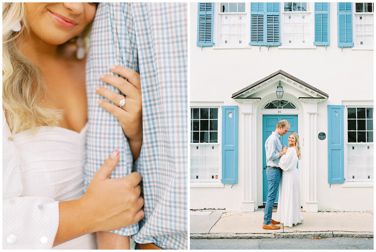 bride leans on groom's arm during downtown Charleston engagement session 