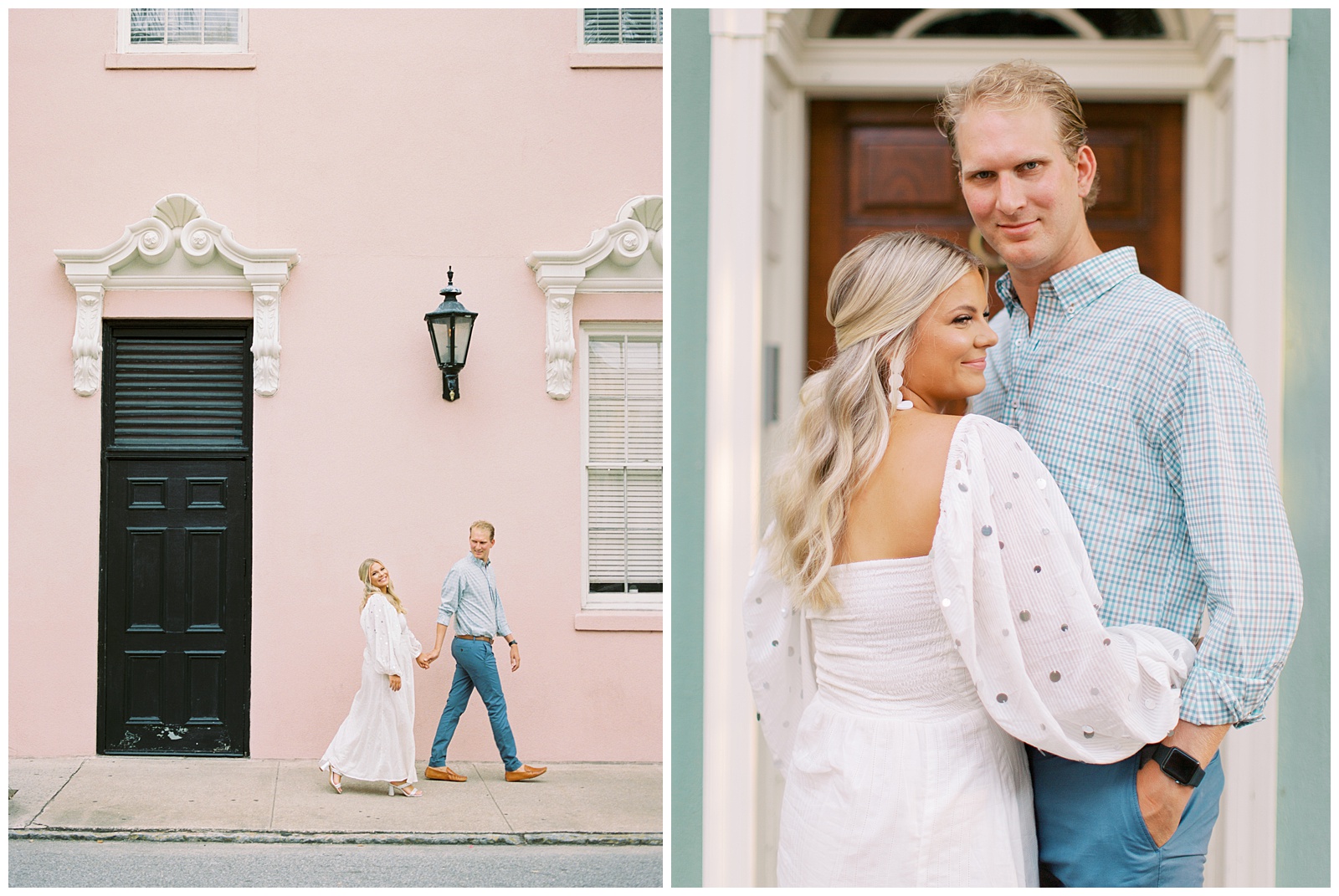 engaged couple walks by pink house in Charleston SC