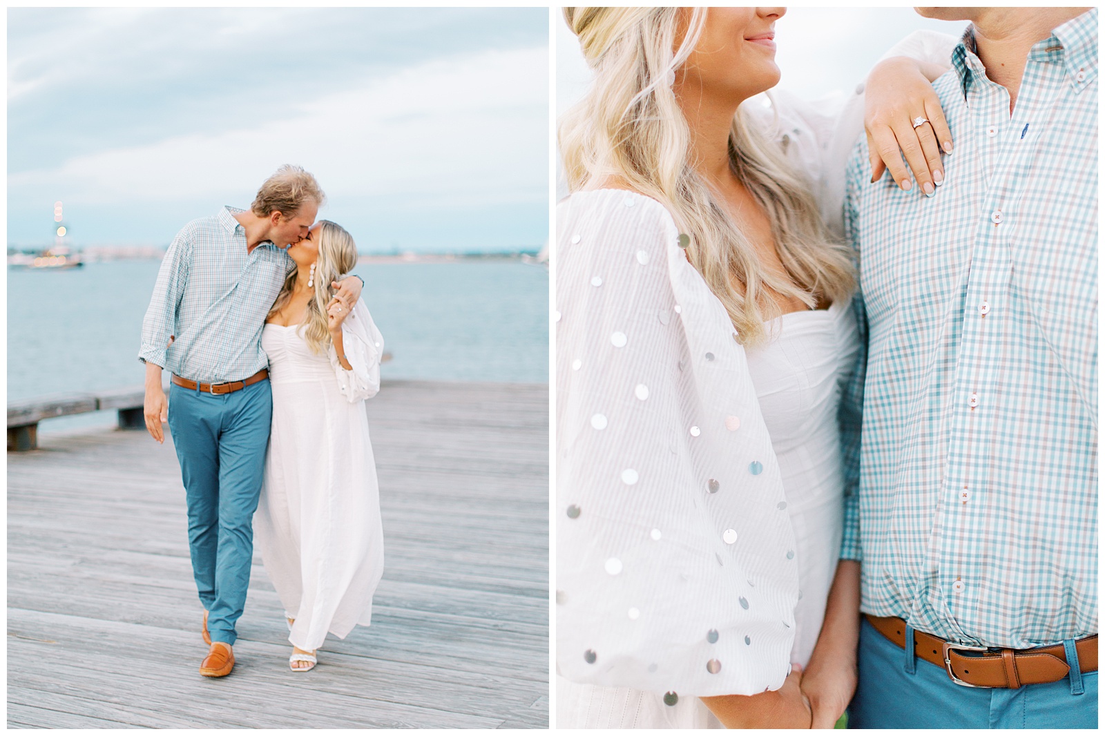 engaged couple poses on wooden dock in Charleston SC