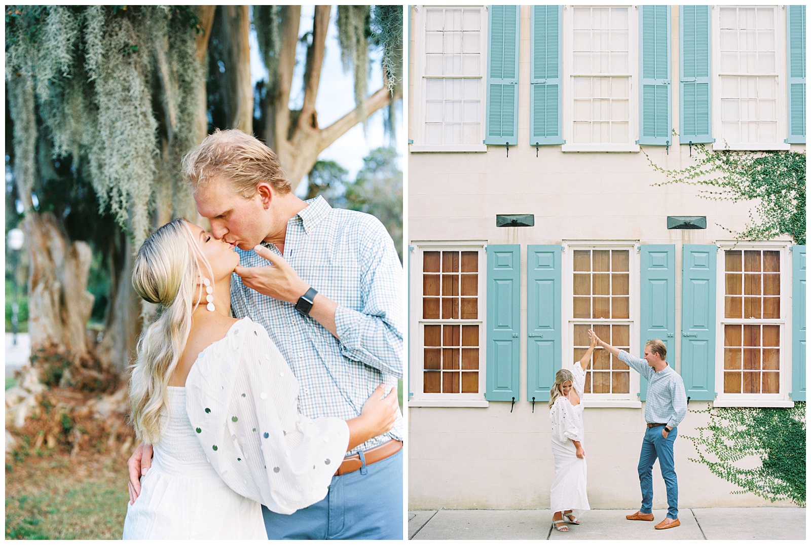 groom tilts bride's head up to kiss her during portraits in downtown Charleston SC