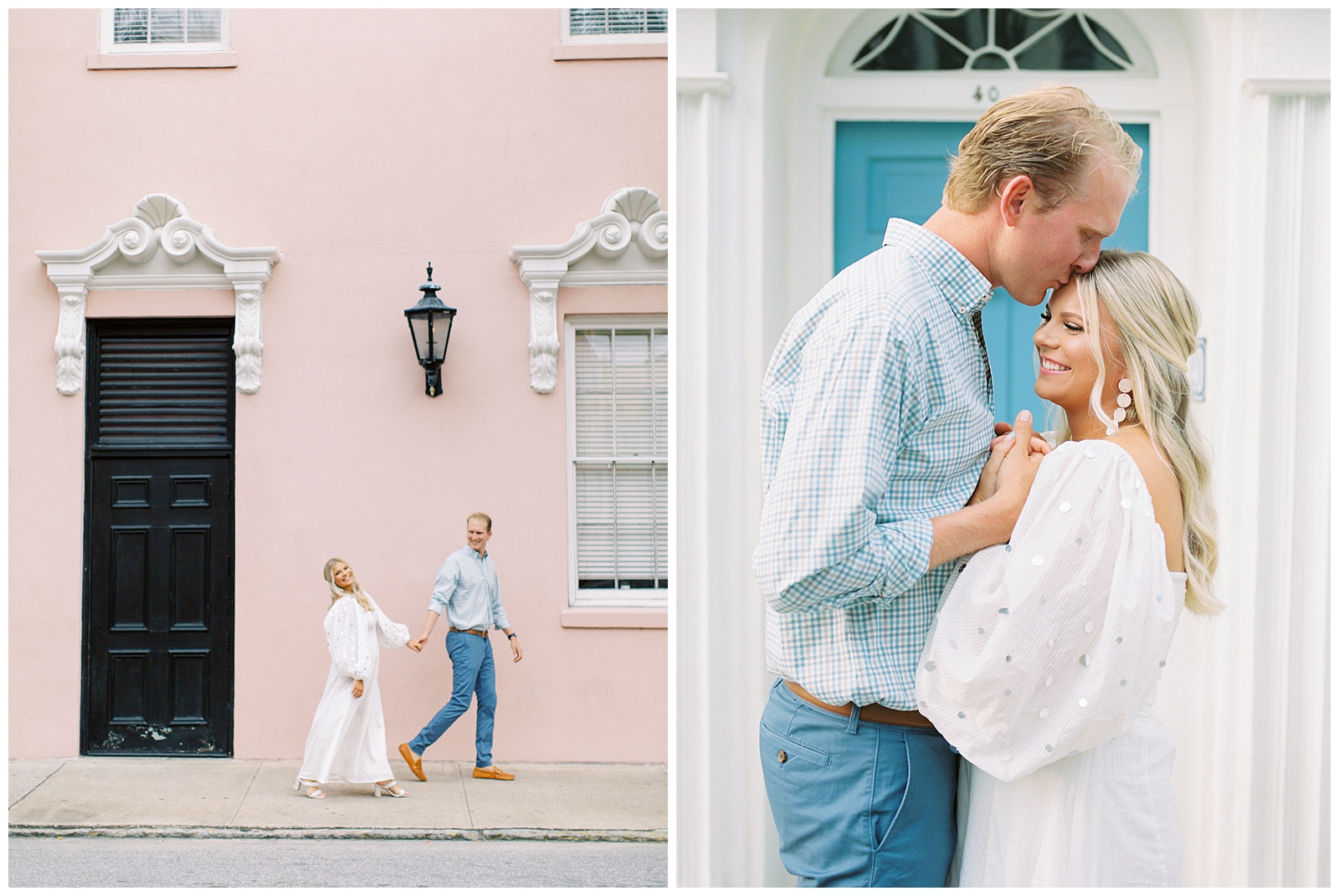 engaged couple walks along rainbow row during downtown Charleston engagement portraits 