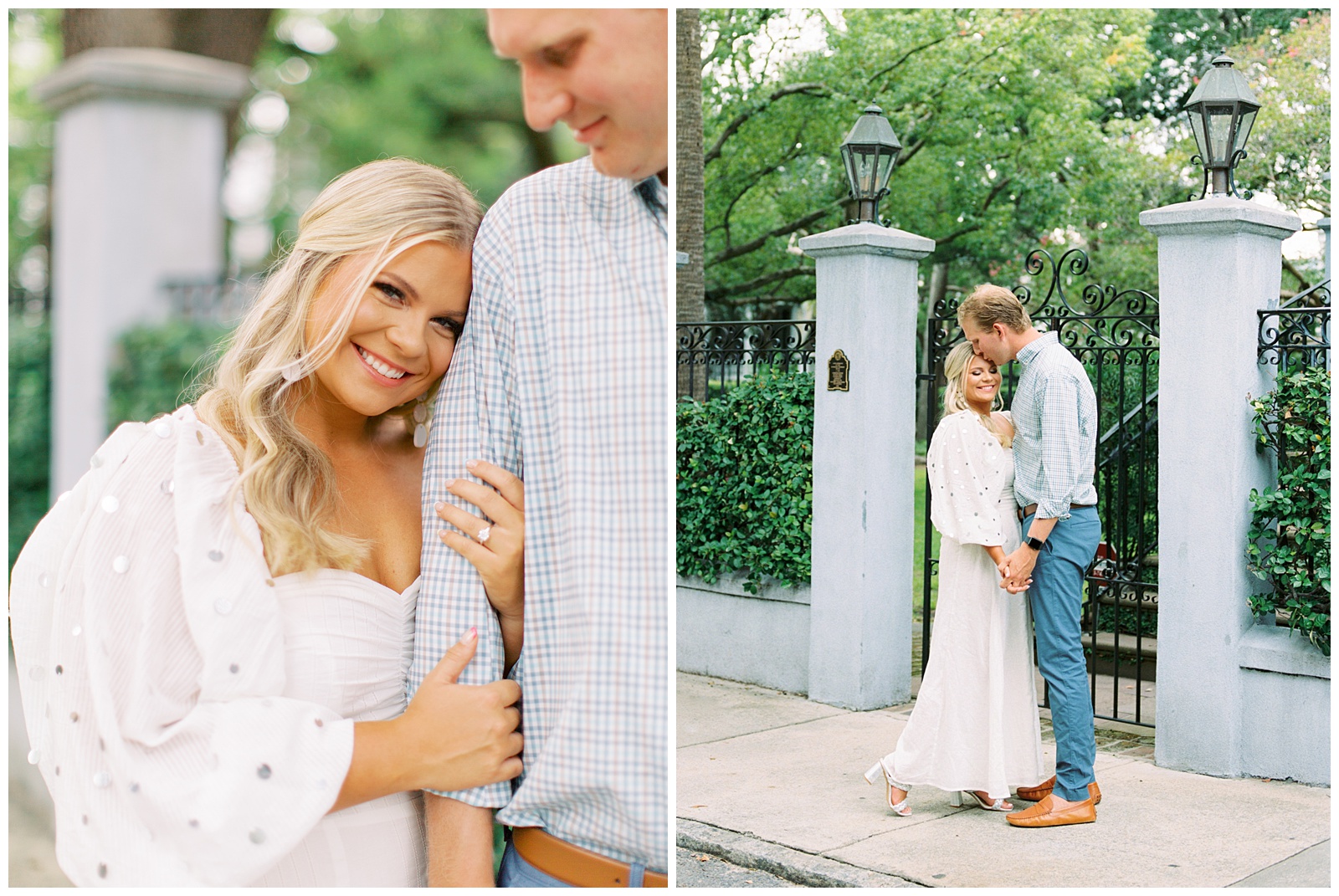 engaged couple poses by wrought iron fence during downtown Charleston engagement session
