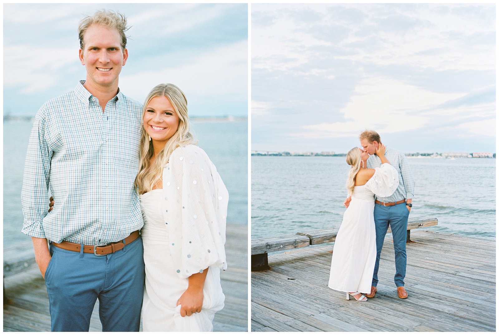 engaged couple poses along waterfront during downtown Charleston engagement session