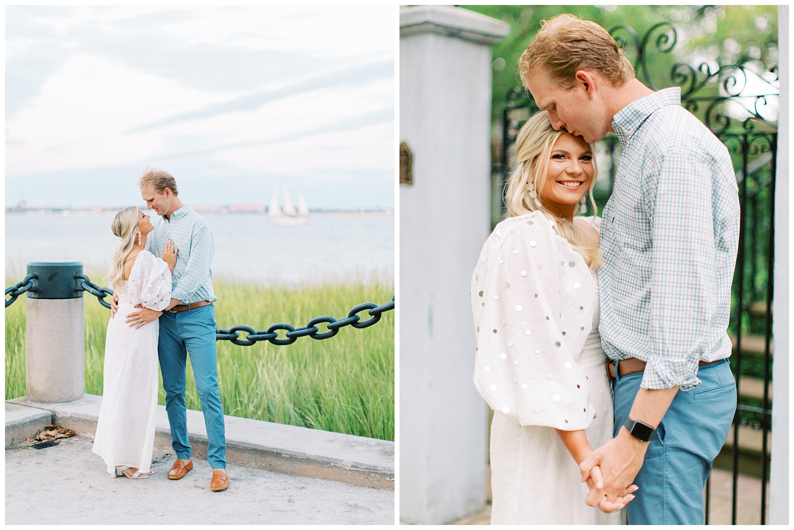 engaged couple poses along waterfront in downtown Charleston