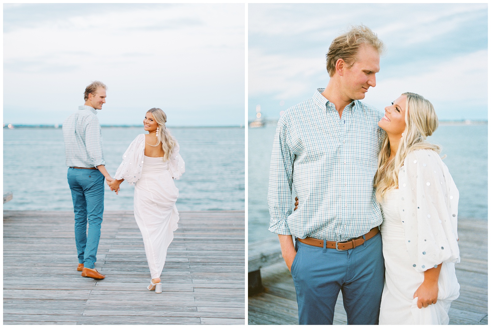 engaged couple walks on dock along waterfront in Charleston SC