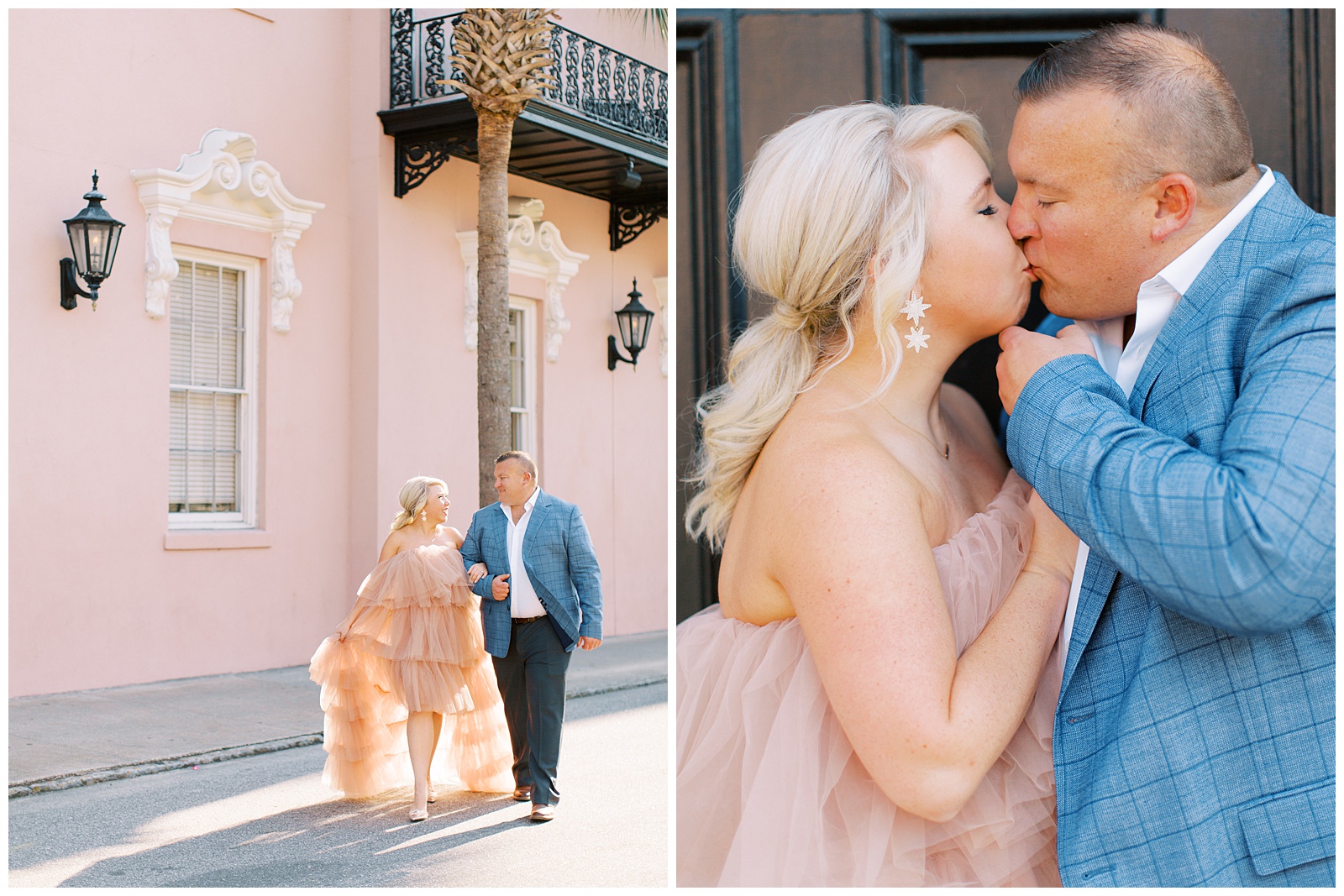 bride in pink dress from Untamed Petals walks down Charleston street