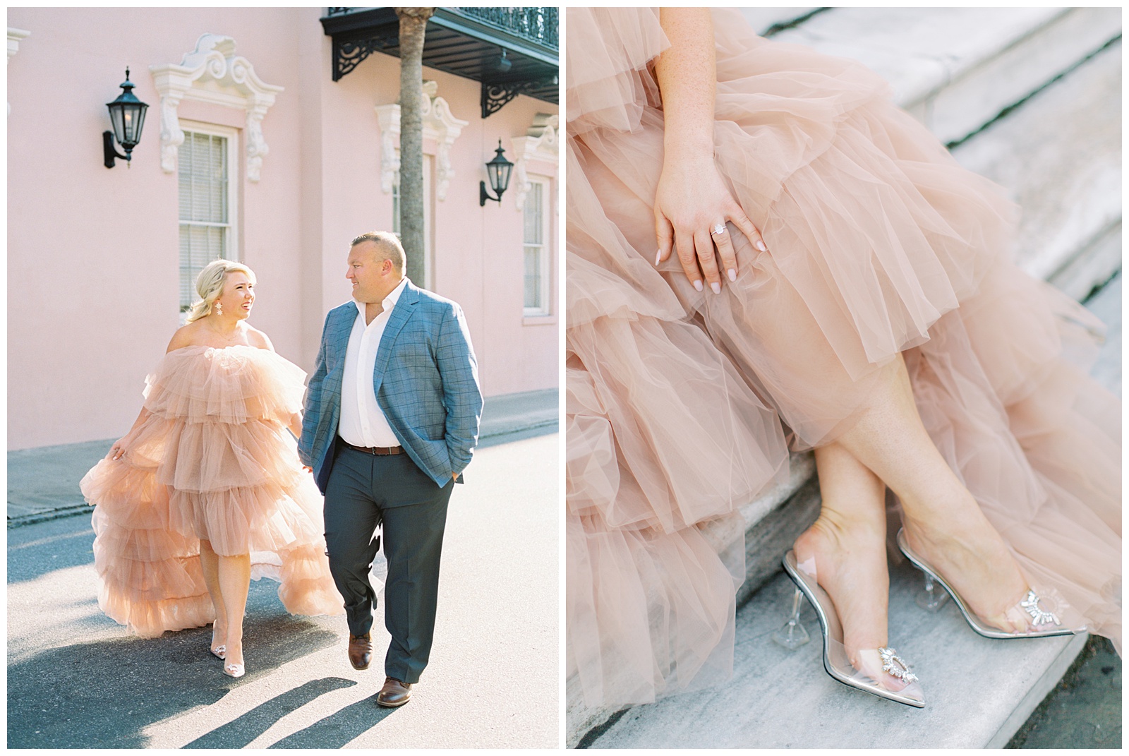 bride shows off statement dress from Untamed Petals during Downtown Charleston engagement session