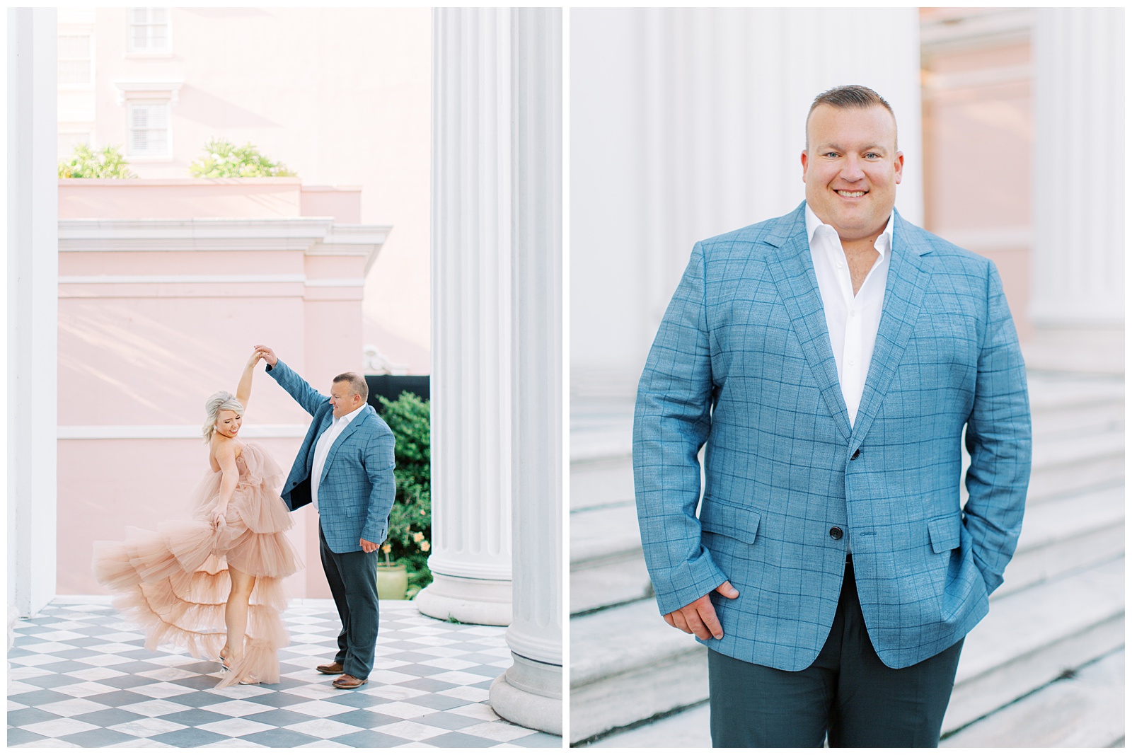 groom twirls bride during Downtown Charleston engagement session
