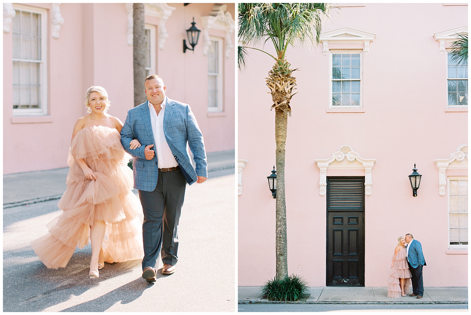 couple walks by pink house during Downtown Charleston engagement session